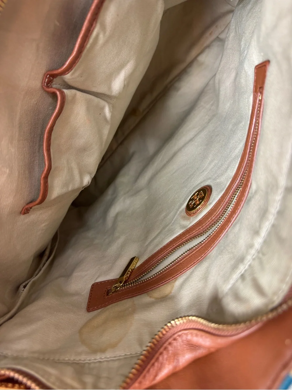 Tory Burch Tan Canvas Tote with Blue Stripe and White Rope Handles
